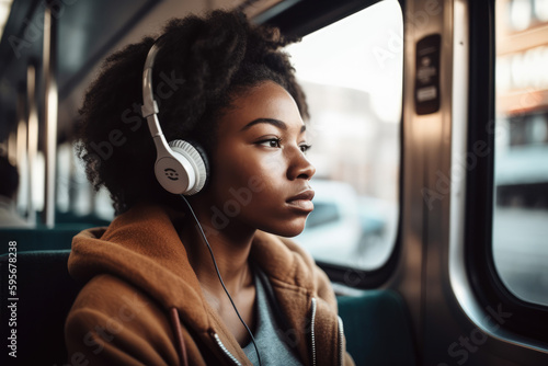 young african american woman traveling sitting in a city bus while listening to music with white headphones. Generative AI © nenetus