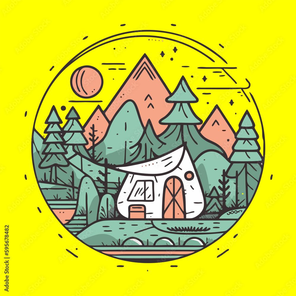 Vector illustration with house in the forest. Line art design for web and print Vector illustration with house in the forest. Line art design for web and print