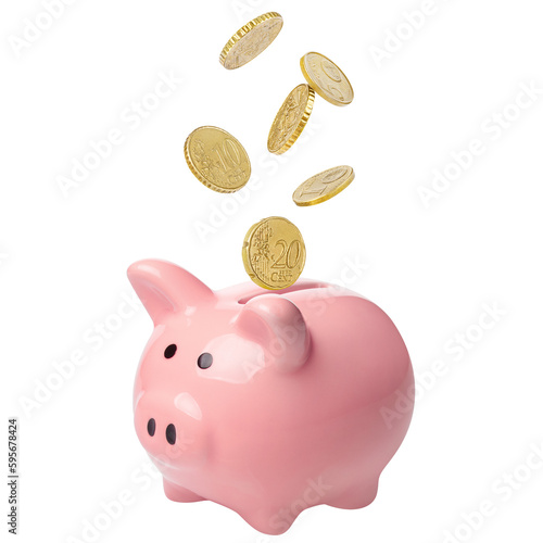 Quadro em tela Coins falling into pink piggy bank, cut out