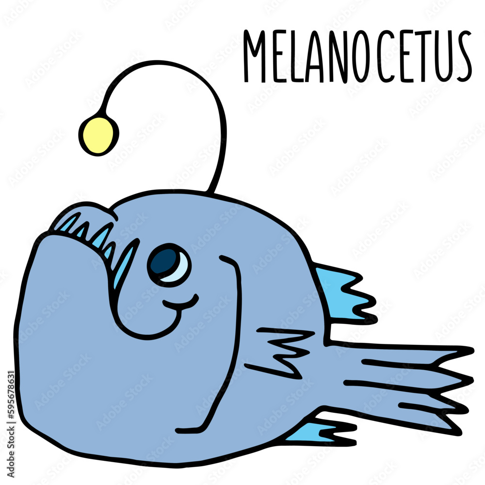 Melanocetus on a white background. Deepsea element for books, stickers, print. Cartoon vector illustration. Melanocetus on a white background. Deepsea element for books, stickers, print. Cartoon vector illustration.