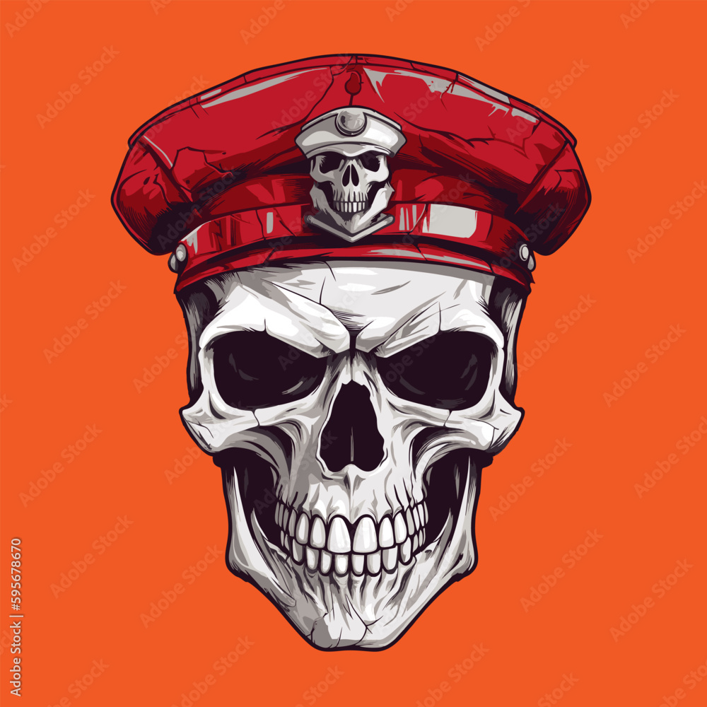 Skull in the hat of the army. Vector illustration on orange background