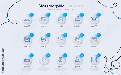 Set of Sports arena, Build and Lighthouse line icons for web app. Open door, Marketplace, Skyscraper buildings icons. Balcony, Market sale, Floor plan signs. Entrance, House security. Vector