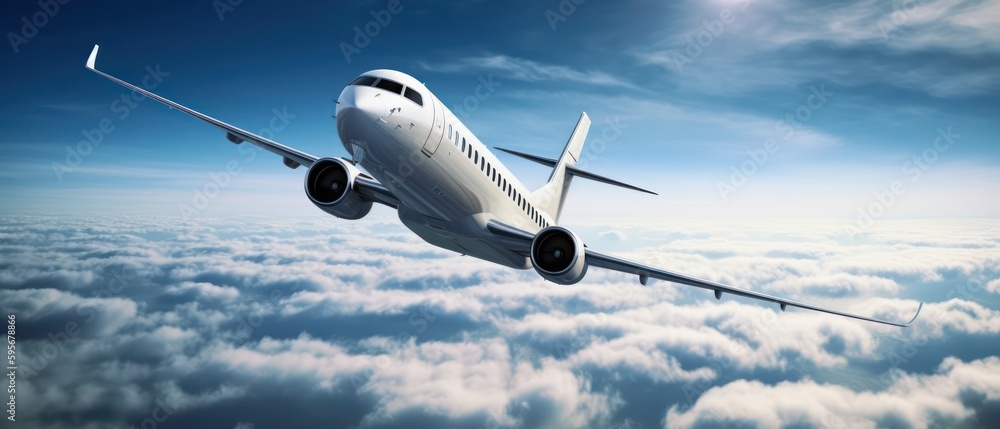Fototapeta premium Realistic photo of a white luxury commercial airplane of generic design flying above the ground. With white clouds on the background. Generative AI