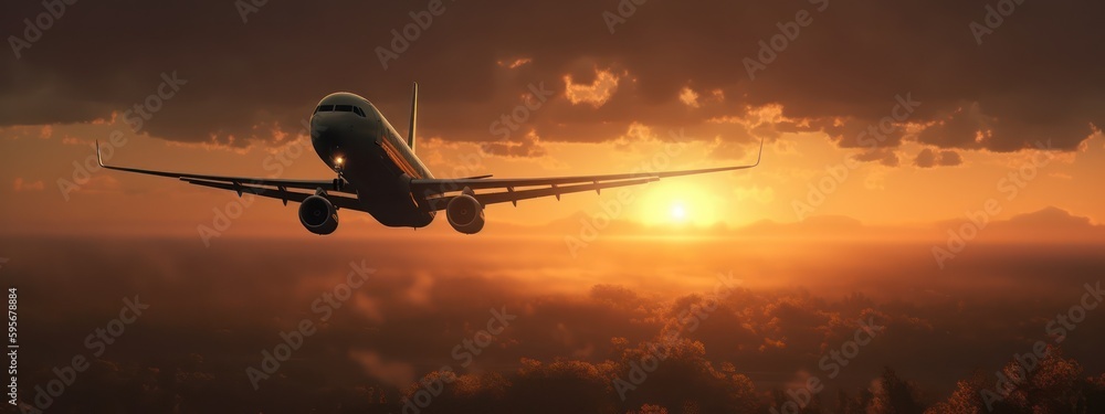 Fototapeta premium Modern Passenger airplane flight in sunset panorama. Generative AI