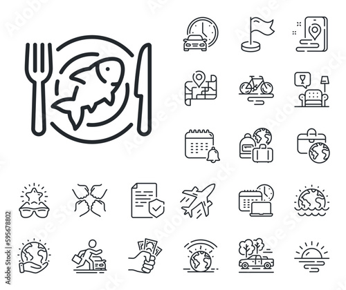 Fish dish sign. Plane jet, travel map and baggage claim outline icons. Seafood line icon. Plate with fork and knife symbol. Seafood line sign. Car rental, taxi transport icon. Place location. Vector