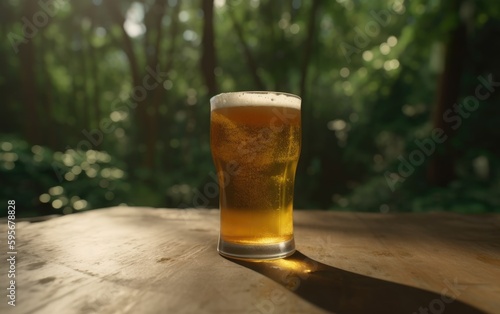 A glass of lager beer on a table on a jungle background fresh light beer illustration Generative AI