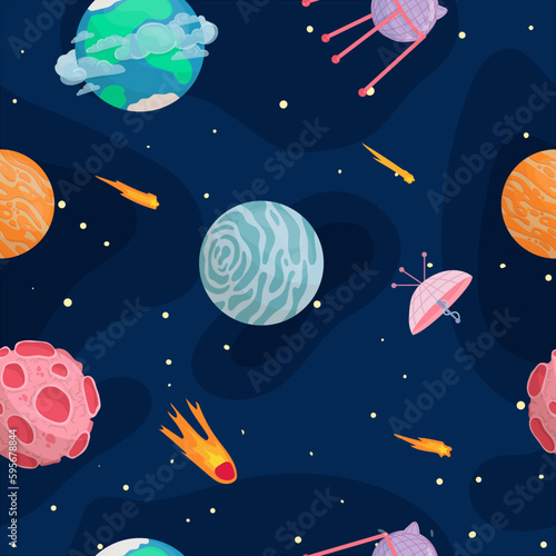 UFOs, spaceships, rockets. Solar system, intergalactic travel. Galaxies, planets, asteroids, comets, shooting stars. Vector illustration in cartoon style on a white background.