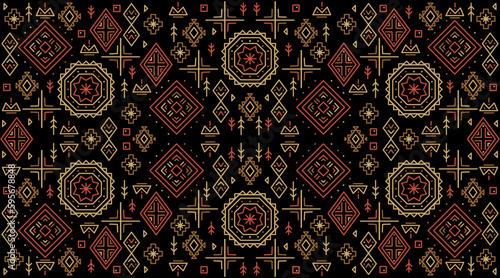 Trendy abstract aztec backgrounds. Geometric ethnic backdrop. Bright orange and black art decoration illustration. Vector tribal cover background, decorative african seamless,