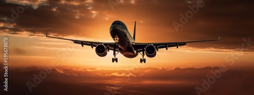 Modern Passenger airplane flight in sunset panorama. Generative AI