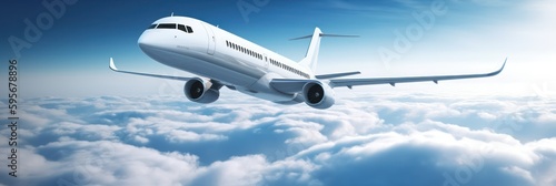 Realistic photo of a white luxury commercial airplane of generic design flying above the ground. With white clouds on the background. Generative AI
