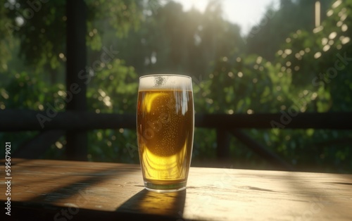 A glass of lager beer on a table on a jungle background fresh light beer illustration Generative AI