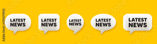 Latest news tag. 3d chat speech bubbles set. Media newspaper sign. Daily information symbol. Latest news talk speech message. Talk box infographics. Vector