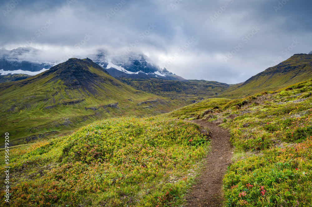 Wonderful trail accross icelandic mountains, volcanic landscape, Western Iceland