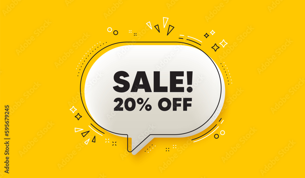 Sale 20 percent off discount. 3d speech bubble yellow banner. Promotion