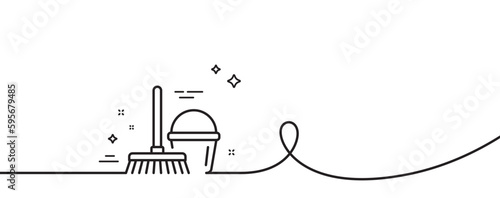 Cleaning bucket with mop line icon. Continuous one line with curl. Washing Housekeeping equipment sign. Bucket with mop single outline ribbon. Loop curve pattern. Vector