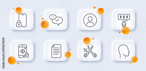 Headshot, Lock and Employee benefits line icons pack. 3d glass buttons with blurred circles. Cut tax, Approved, Head web icon. File, Seo phone pictogram. For web app, printing. Vector