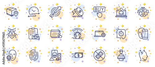 Outline set of Corrupt, Time schedule and Face biometrics line icons for web app. Include Parcel tracking, Target, Best manager pictogram icons. Brand ambassador, Money transfer. Vector