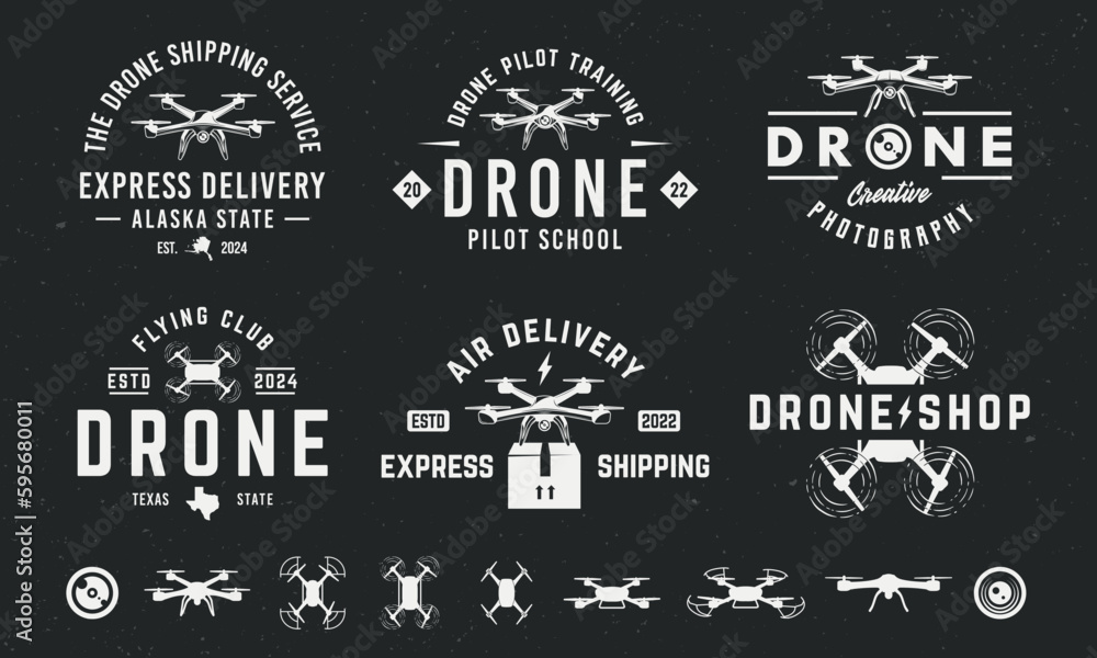 Drone logos, emblems, labels. Set of 6 logo templates and 9 design elements for logo design. Drone symbols. Vector templates