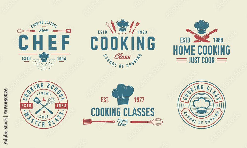 Vector Cooking logo set. 6 Vintage cooking emblems. Cook and Food labels, emblems, logo. Culinary school, food studio, cooking courses. Logo template.