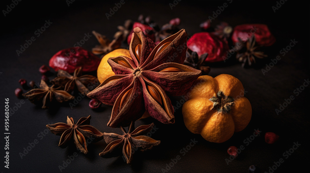 Dry star anise spice on dark background. Generative AI. Dry star anise spice on dark background. Generative AI.