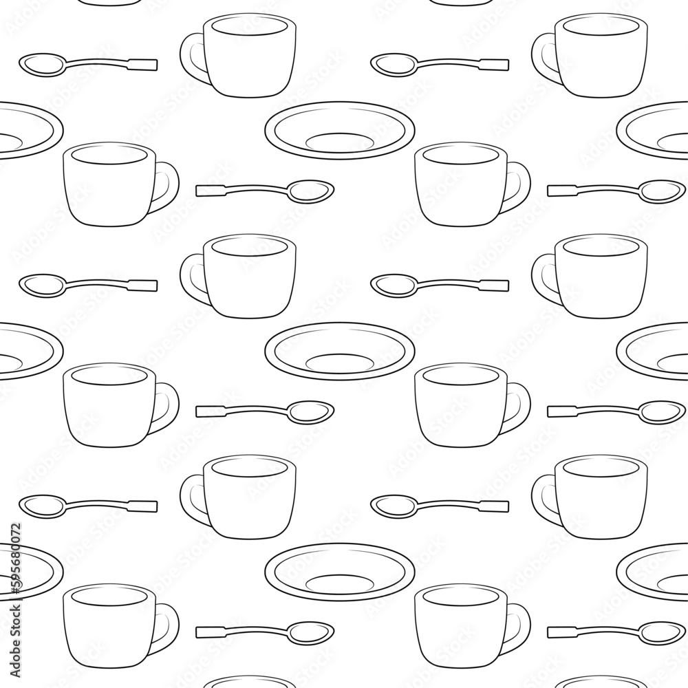 Obraz premium Pattern cup, saucer and spoons, icons drawn in a linear style, minimalism. Background design for menu, cafe, greeting cards, posters, t-shirts, banners, print invitations. Vector. Doodle. Coffee set.