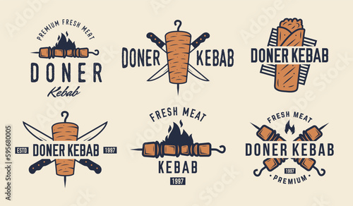 Doner Kebab logo set. 6 Kebab restaurants emblems. Fast food labels, emblems, logo. Kebab, restaurant, kebab cafe. Vector illustration