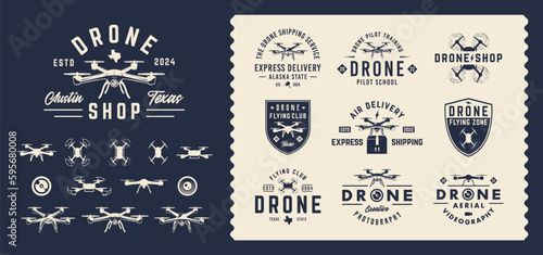 Vector Drone logo set. Set of 10 drone logo templates and 12 design elements. Trendy vintage hipster design.