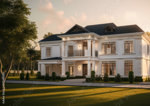 Colonial exterior house design in daytime golden hour generative ai © Hixel