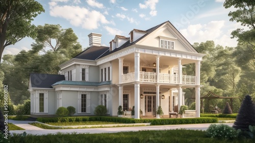 Colonial exterior house design in daytime golden hour generative ai