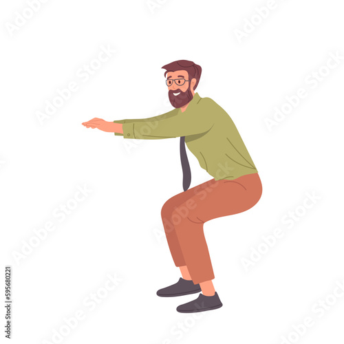 Smiling bearded businessman, office worker squatting standing isolated on white background