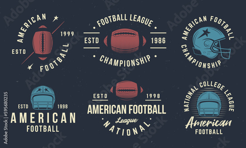 6 Football emblems with helmets and balls icons. American football logo set. Vector illustration