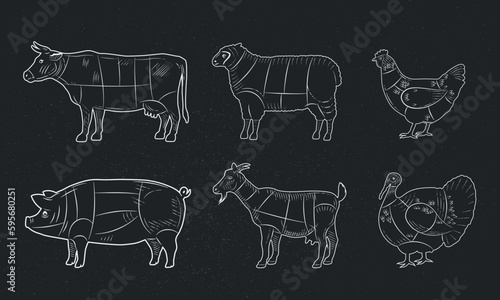 Farm animals silhouettes set. Vintage design. Cow, Sheep, Pig Goat, Chicken, Turkey. Vector illustration