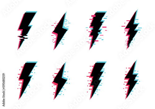 Thunderbolts icons. Glitch Lightning icons isolated on white background. Vector illustration
