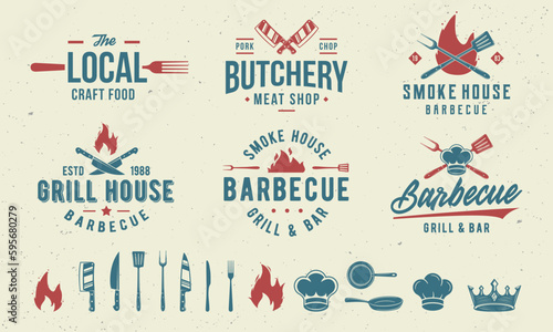 Butchery, Barbecue logos, emblems. Labels, badges vintage design. Set of 6 logo templates and 14 design elements for logo design. Vector templates