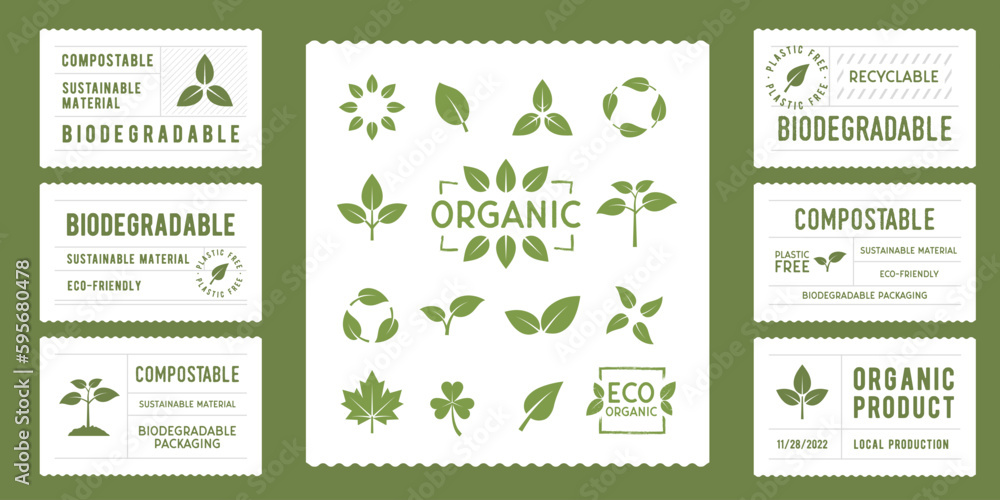Biodegradable, compostable tags set. 
Eco, Bio stickers design for packaging. 14 leaves icons for eco, biodegradable, compostable, recycle design. Vector illustration