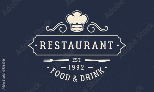 Restaurant vector logo template. Vintage restaurant logo with chef hat, fork, knife. Trendy vintage design.