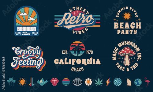 Retro Groovy logo templates and 14 trendy elements. Print for t-shirt, banner, poster, cover, badge and label. Retro 70's typography design. Vector illustration