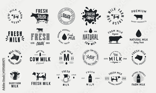 Dairy and milk products emblems. Cow silhouette  bottle  milk drop and splash. Trendy vintage design. Vector illustration