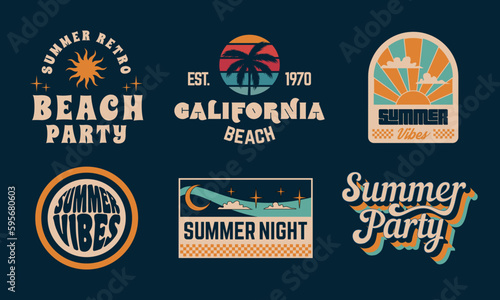Summer Labels. 1970s Retro logo designs. Groovy prints for T-shirt, typography. Vector summer emblems templates.