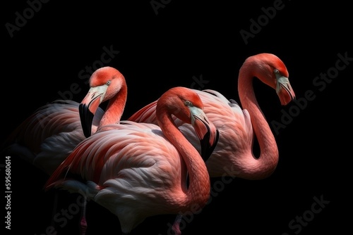 Illustration of three pink flamingos standing in the water. Generative AI
