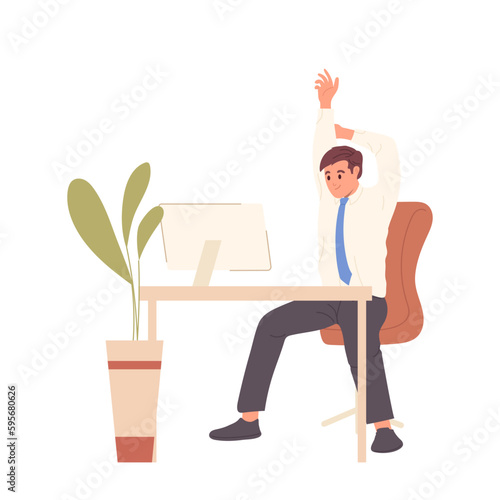 Businessman character enjoy office fitness sitting on chair at computer desk table isolated on white