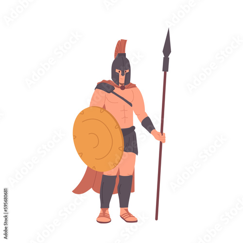 Roman centurion, character from Bible story wear armor with spear and round shield on white