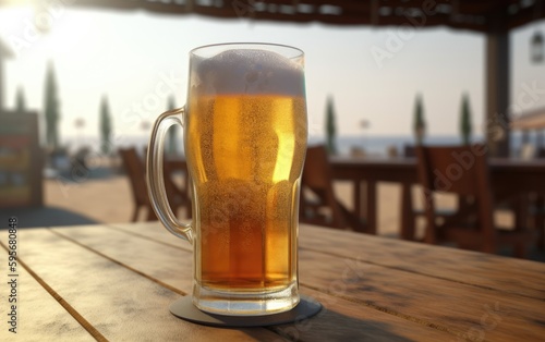 A glass of lager beer on table on a summer beach bar background light beer illustration Generative AI