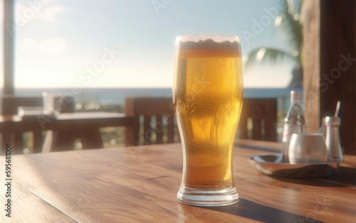 A glass of lager beer on table on a summer beach bar background light beer illustration Generative AI