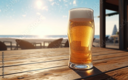 A glass of lager beer on table on a summer beach bar background light beer illustration Generative AI