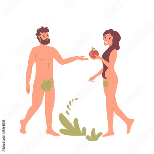 Happy Adam and Eve with forbidden apple fruit isolated on white, Bible myth vector illustration