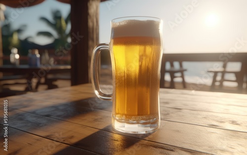 A glass of lager beer on table on a summer beach bar background light beer illustration Generative AI