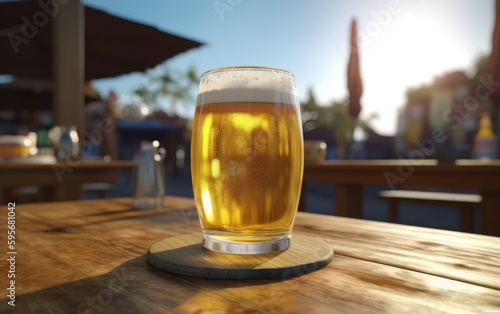 A glass of lager beer on table on a summer beach bar background light beer illustration Generative AI