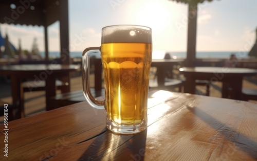 A glass of lager beer on table on a summer beach bar background light beer illustration Generative AI