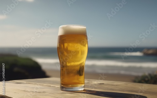 A glass of lager beer on table on a summer beach bar background light beer illustration Generative AI